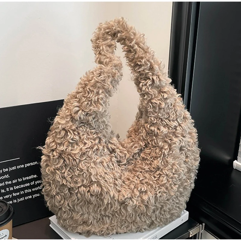 Flauschige, lockige Kunstfell-Hobo-Schultertasche, Plüsch-Halbmond-Unterarmtasche, weiche Teddy-Fuzzy-Halbmond-Handtasche, warme Winter-Handtasche für Damen – Detail 2