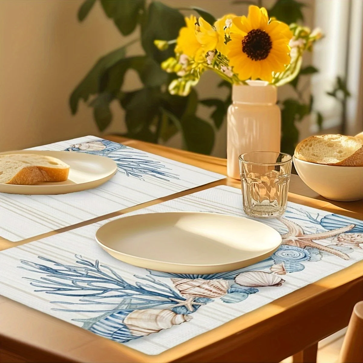 Seashells And Starfish Ocean-Themed Placemats Set of 4 Thin Material Square Table Mats for Dining Tables