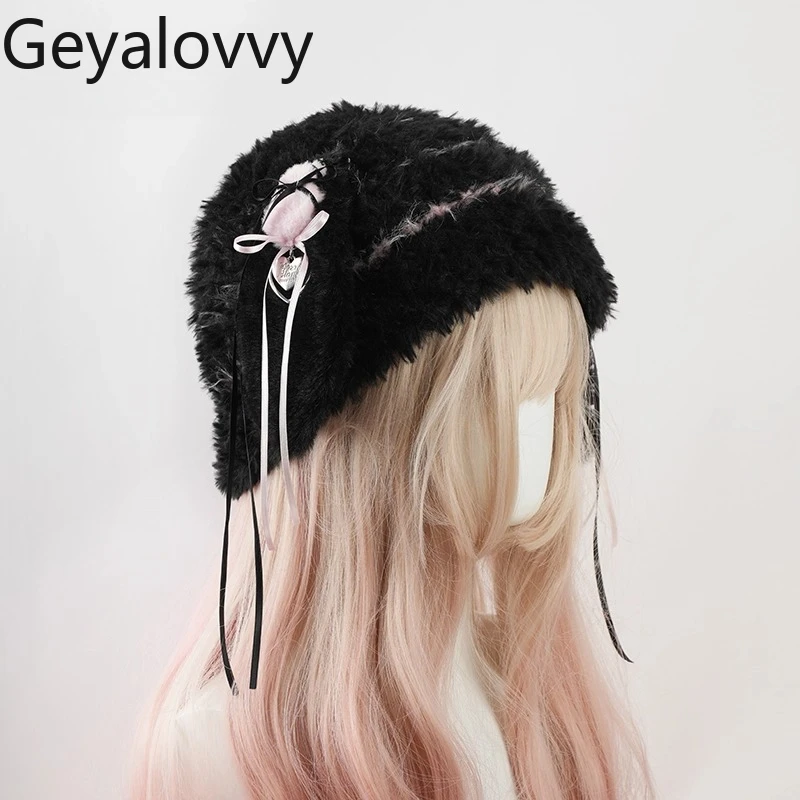 

Japanese Style Lace Bow Plush Rabbit Ear Hat Sweet Hot Girl Niche Y2K Black and White Striped Knitted Hat Versatile Caps