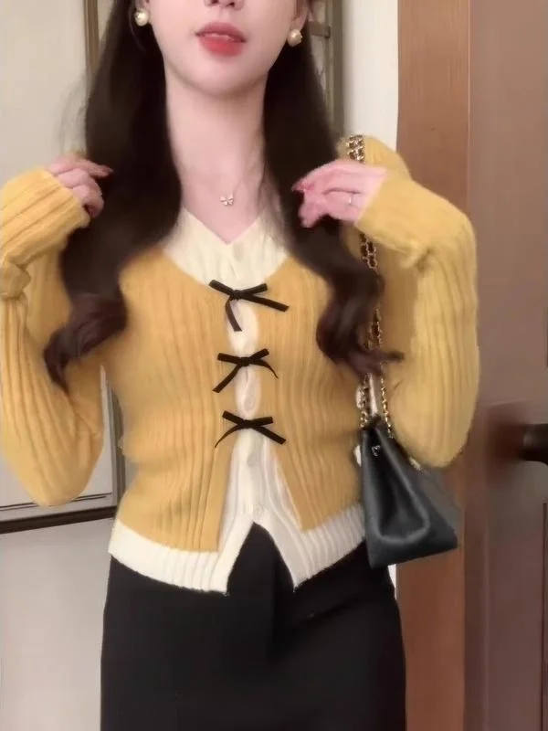 컬러 블로 V넥 니트 가디건 여성용 겨울 스웨터 매듭 허리 조임 탑