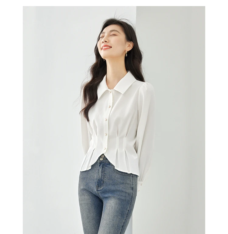 Vimly Women\'s White Fitted Shirt 2023 Autumn Office Ladies Puff Sleeve Button Down Pleated Slim Waisted Shirts & Blouses M3050