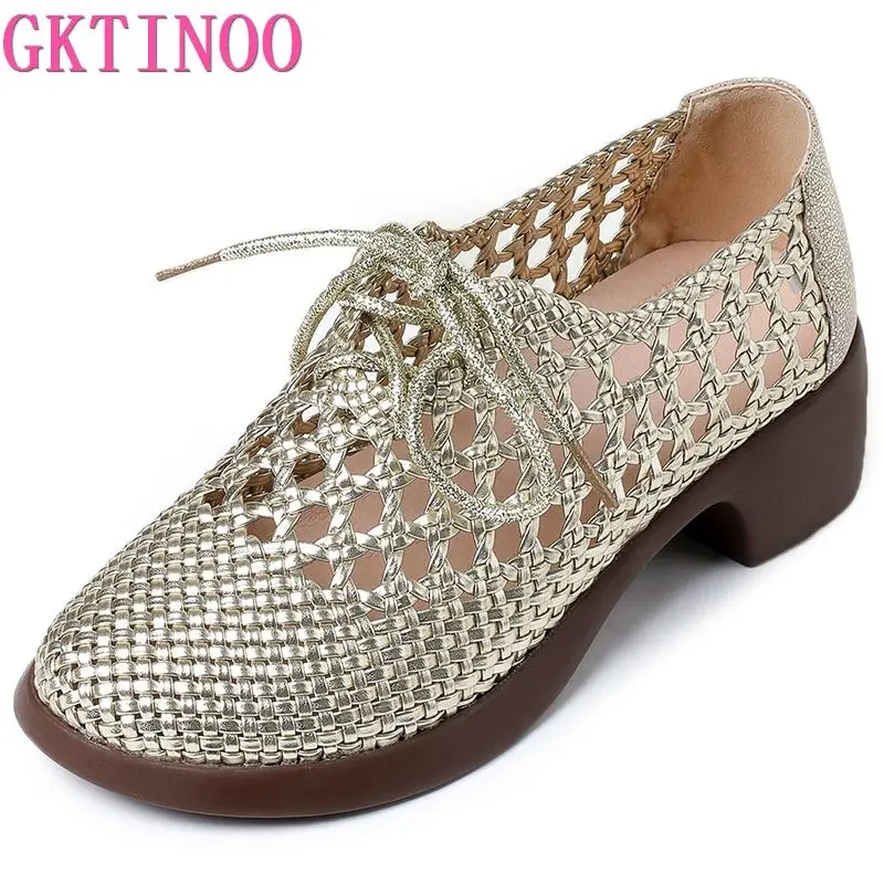 GKTINOO Genuine Leather Woven Thick Heels Women's Shoes 2025 Summer New Lace-up Soft Sole Casual Hollow Breathable Sandals