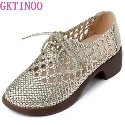 GKTINOO Genuine Leather Woven Thick Heels Women's Shoes 2024 Summer New Lace-up Soft Sole Casual Hollow Breathable Sandals