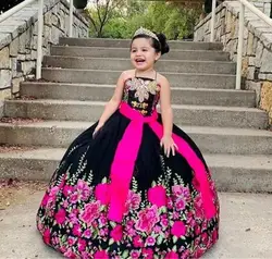 Zwarte Mexicaanse Kids Mini Quinceanera Jurken Charro Baljurk Tule Appliques Bloemenmeisje Jurken Voor Bruiloften Optocht Jurken