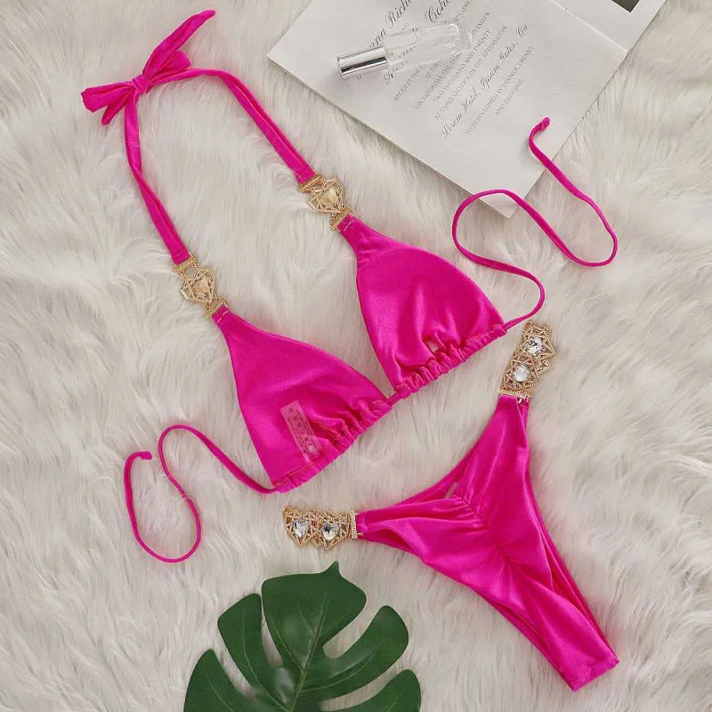 الصلبة اللون حجر الراين بيكيني ضمادة يفصل ملابس السباحة متعدد الألوان