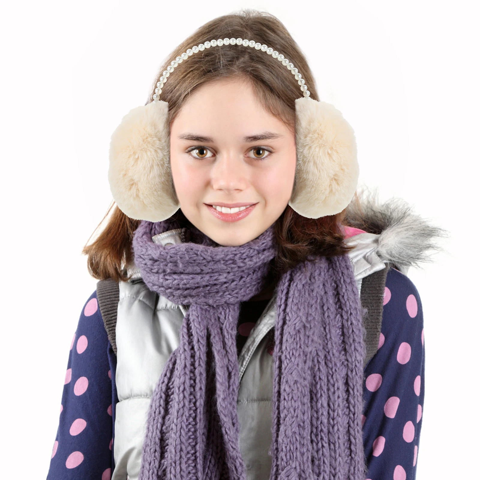 Lovely Pearl Warmer Winter Earmuff For Women Girls Warm Ear Comfortable Headphone-Free Ear Protection For Cold