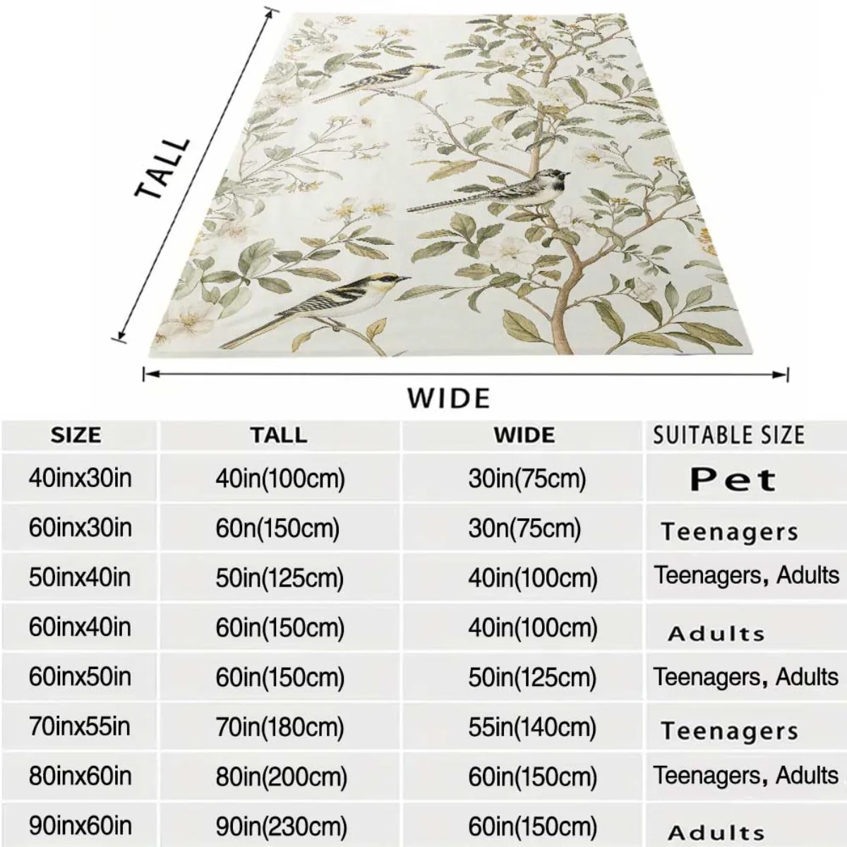Chic Botanical Floral Bird Pattern Throw Blanket Cozy Sofa Decor Large Chunky Knit Throw 150x200cm