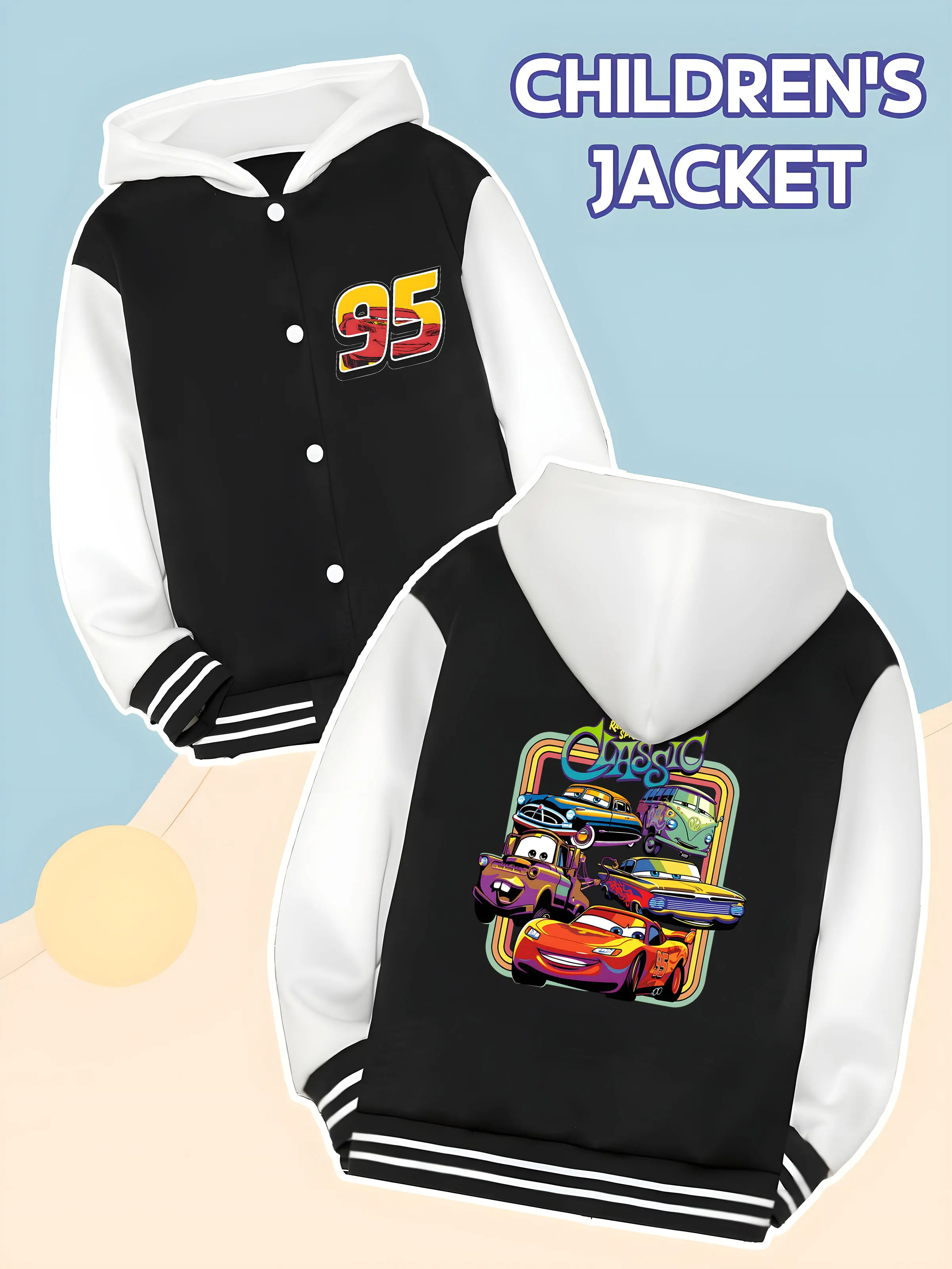 

MINISO Disney Cars Retro Style Baseball Boys Jacket - Multiple Racing Cars Patterns, Perfect for School and Disney Days