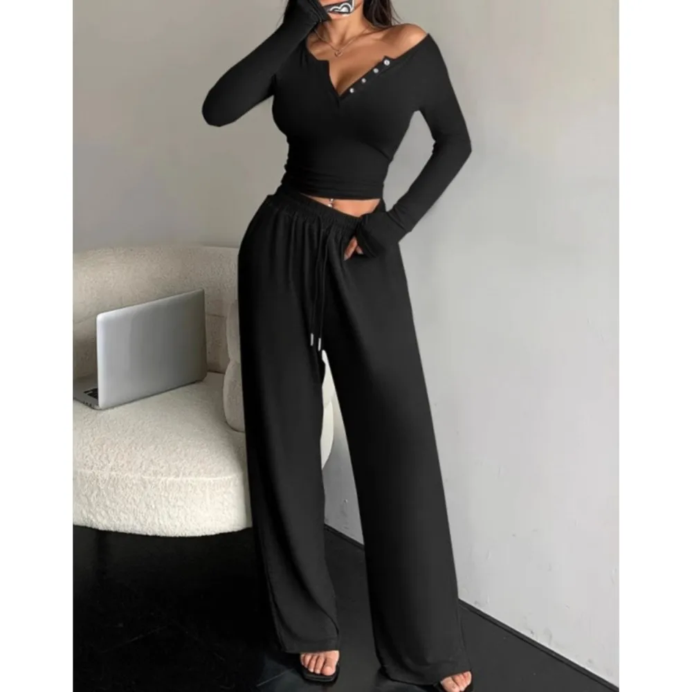 

Bottoming Shirt T-shirt Wide-leg Pants Two-piece Set Spring New V-neck Single-breasted Long-sleeved Solid Color Casual Pant Suit