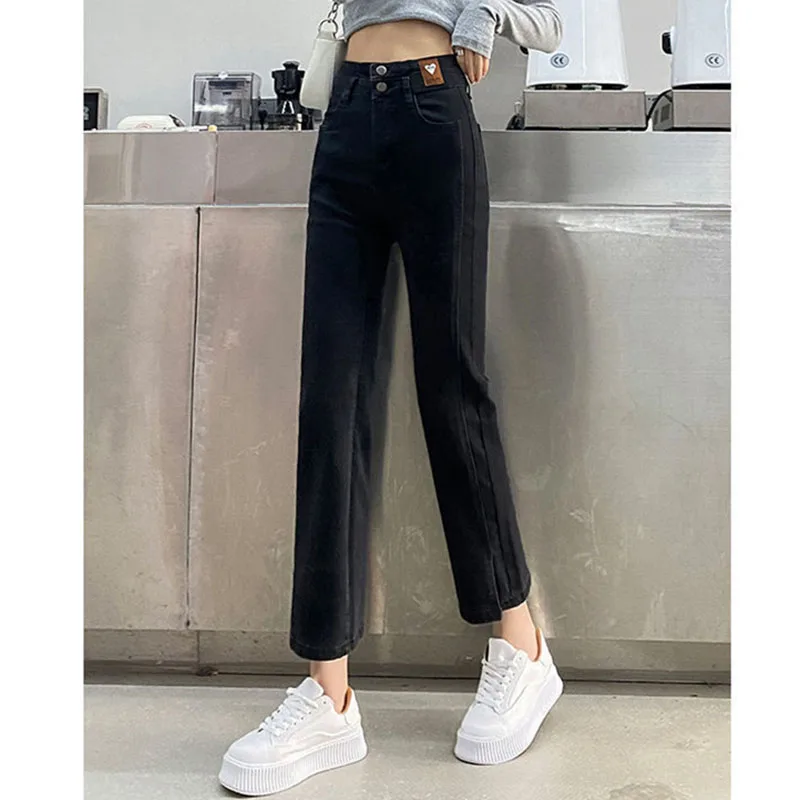 Celana Jeans Menyala Sembilan Poin Pinggang Tinggi Wanita Korea Celana Denim Forking Wanita Musim Semi Musim Gugur Celana Panjang Koboi Serbaguna Wanita 2024