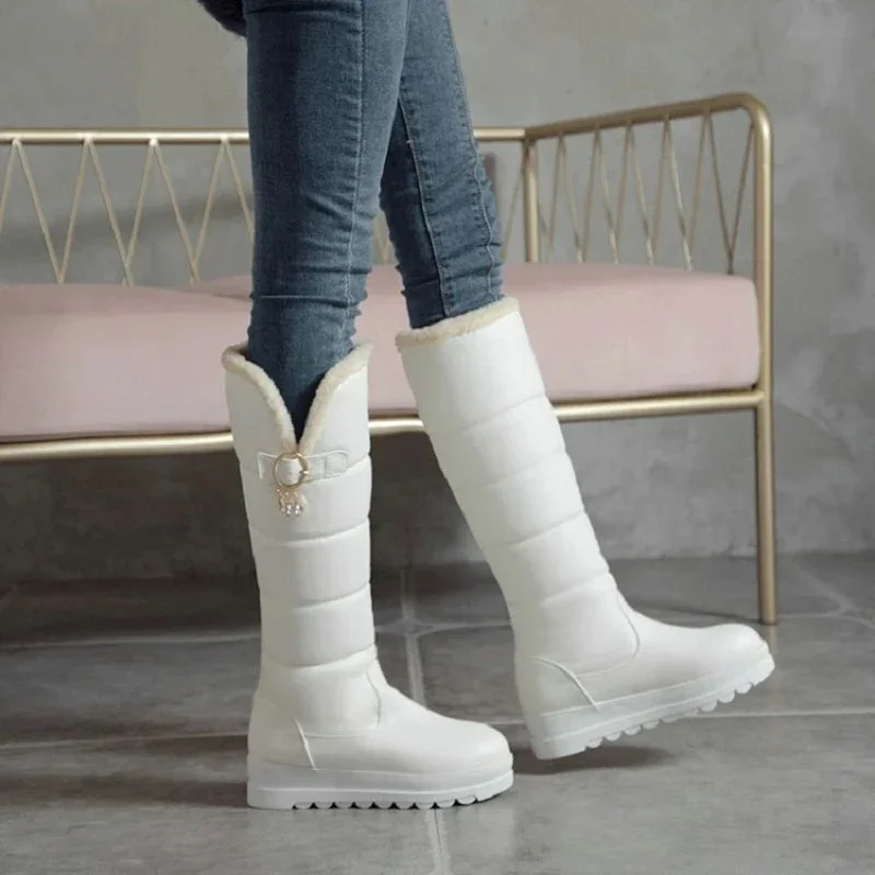 HOVING Russia Winter Warm Thermal Furry Booties Waterproof Round Toe Platform Knee High Womens Fur Lined Flats Snow Boots