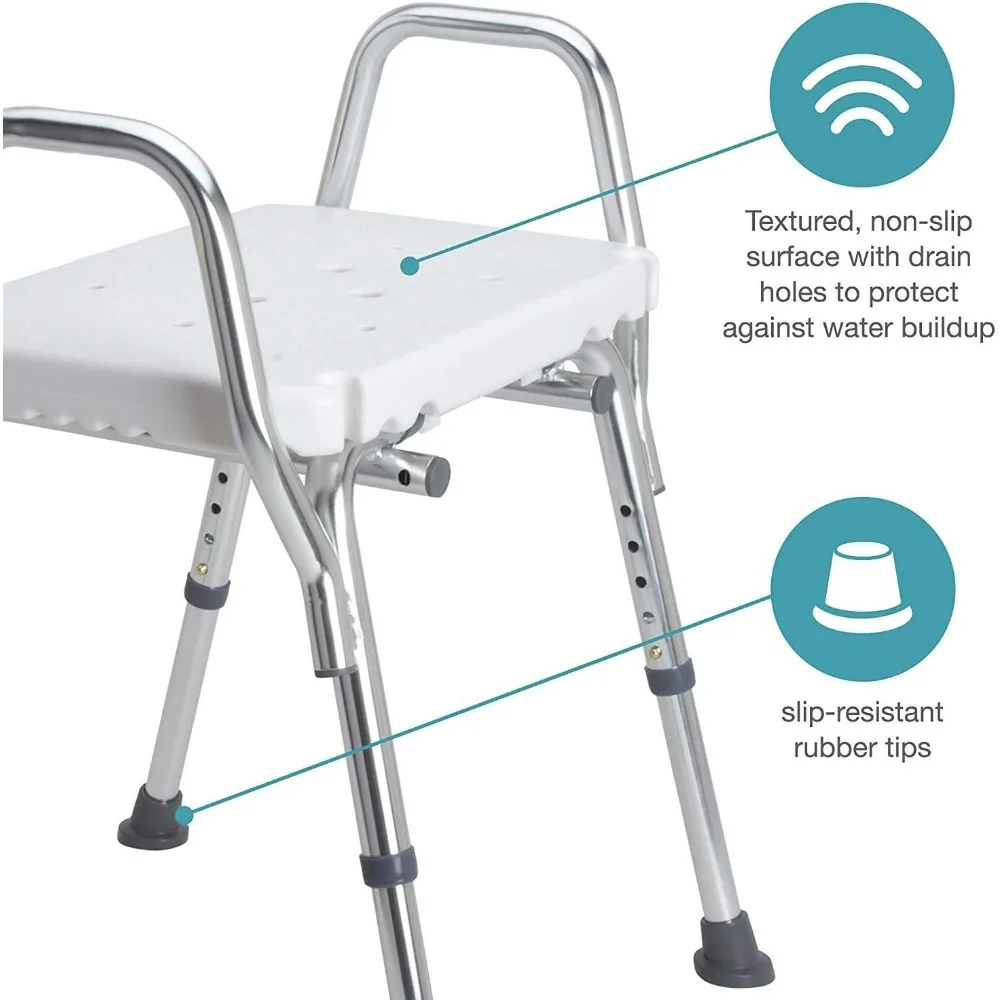 كرسي دش من الألومنيوم مع مقعد بلاستيكي للحوض والدش، تجميع غير قابل للانزلاق وخالي من الأدوات