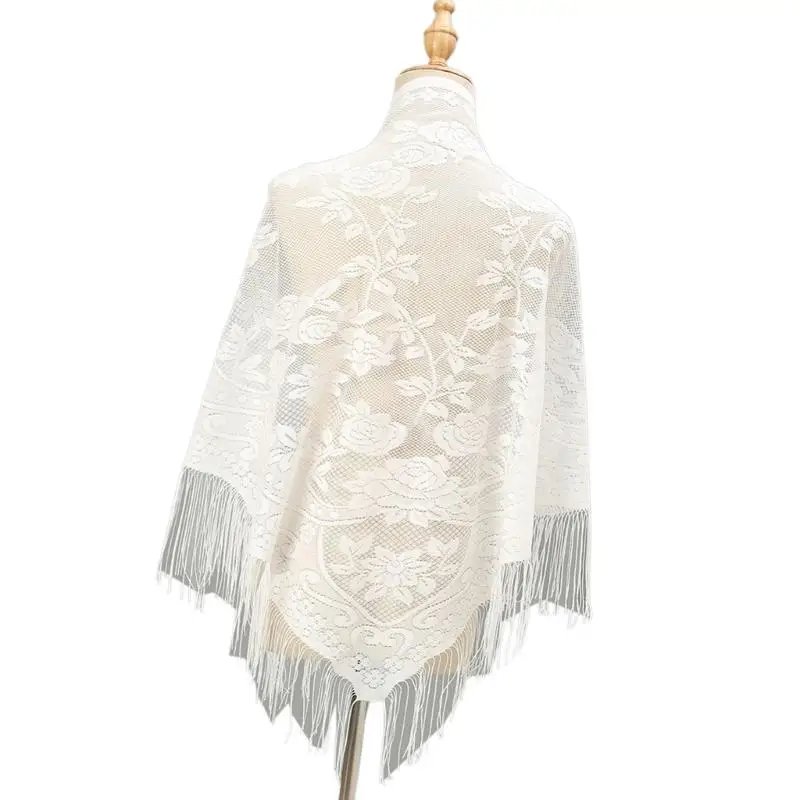 652F Elegante sciarpa in pizzo con nappe, scialle a fiori multiuso per varie occasioni outfit, spallaccio resistente sole