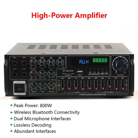 High-Power Household Vehicle Amplifier 12V/220V Wireless Bluetooth 5.4 EQ Equalizer 2 Channels Bluetooth Amplifier