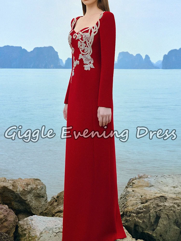 Giggle saoudien arabe à manches longues tache robe de soirée cristaux élégant robe formelle rouge fête de mariage robe de bal de mariage personnalisé