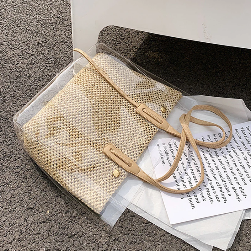 Summer New Transparent Straw Bag Large Capacity Rattan Shoulder Bag Woven Handmade Tote Bag Seaside Beach Bag Shopping Bag sac