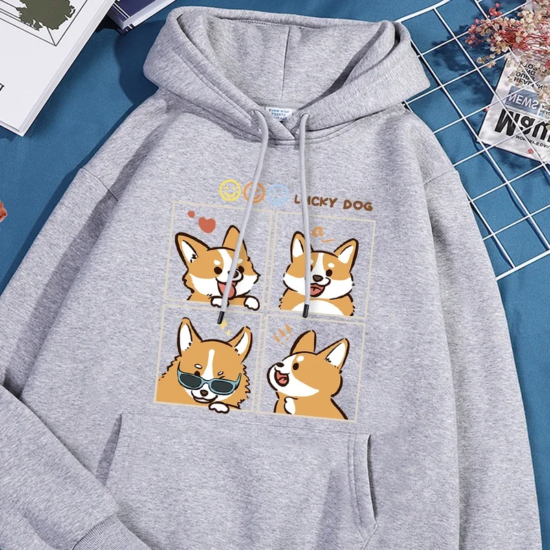 Four Different Moods Of Lucky Dog Chai Gou Prints Men Hoodie Harajuku Fleece Hoody Fashion Crewneck Sweatshirt Vintage Oversize