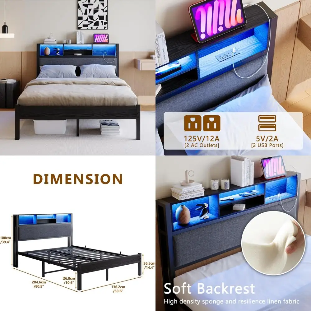 

Full-Size Bed Frame with Built-in Charging Station and LED Lighting, Upholstered Headboard featuring Storage Shelves, Metal Plat