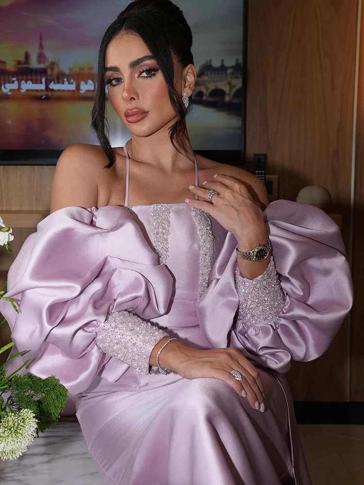 Jirocum Vintage Satin Meerjungfrau Ballkleider Damen Neckholder Puffärmel Perlen Abendkleid Bodenlanges Kleid für besondere Anlässe