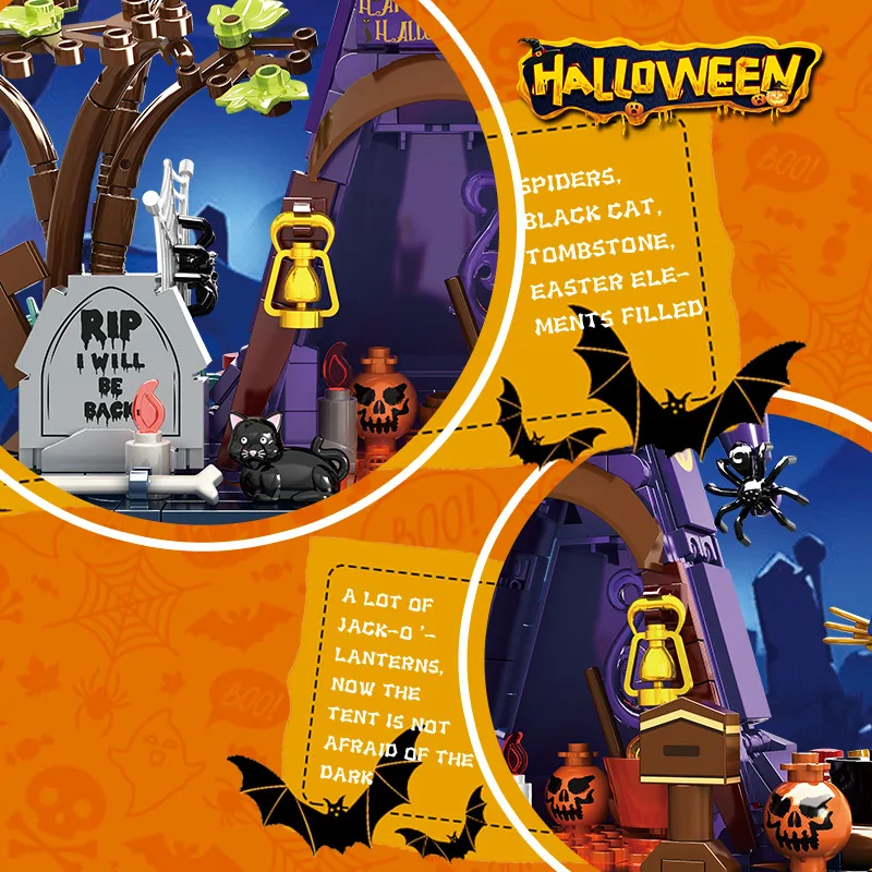 ชุดตัวต่อบ้านผีสิงฮาโลวีน ปี 2025 แบบจำลองพร้อมชุดประกอบบล็อก ตกแต่งหลังคาแบบเอียง ของเล่นตัวต่อสร้างสรรค์แบบประกอบเอง DIY ของขวัญสำหรับเด็ก