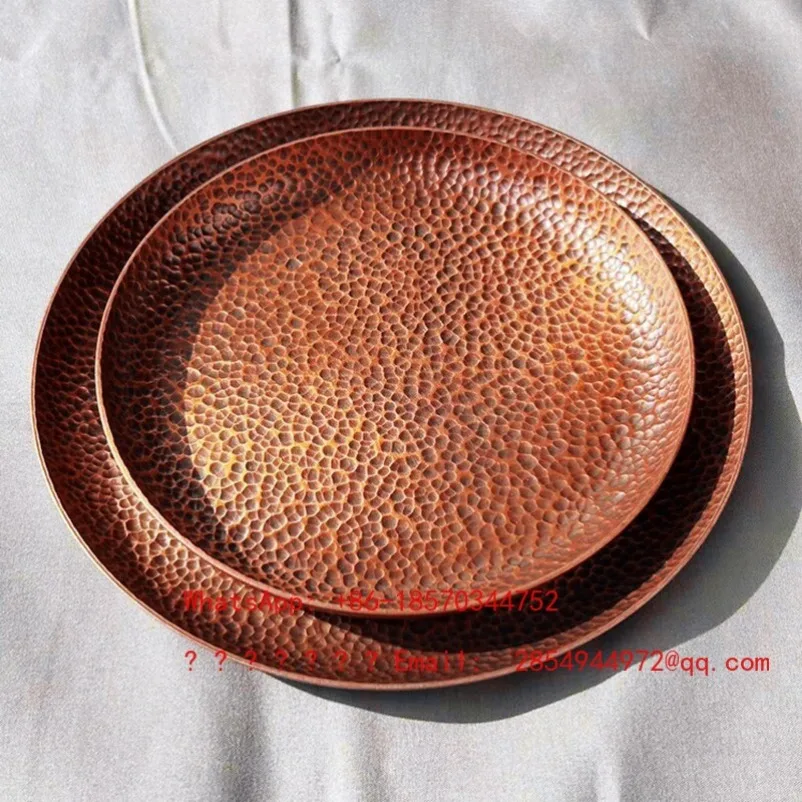 Thickened Handmade Copper Tea Tray, Pot Bearing Awakening Grass Copper Tray, Round Copper Saucer, Desktop Storage Tray.