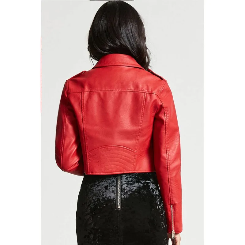 Chaqueta de piel de cordero 100% auténtica para mujer, abrigo corto rojo para motocicleta