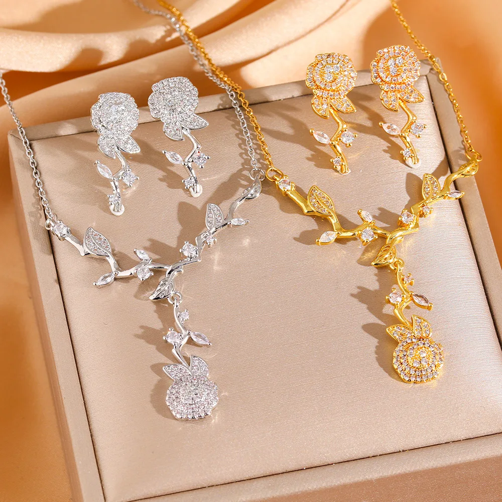

Elegant Camellia Necklace Rose Earrings Set Women Sweet Fairy Monet Garden Design Fashion Luxury Party Wedding Jewelry Wholesale