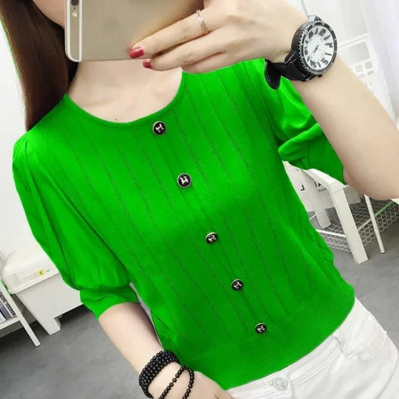 French Style Commuter Temperament Ice Silk Knitted Half-sleeved T-shirt 2024 New Round Neck Lantern Sleeve Button-up Top
