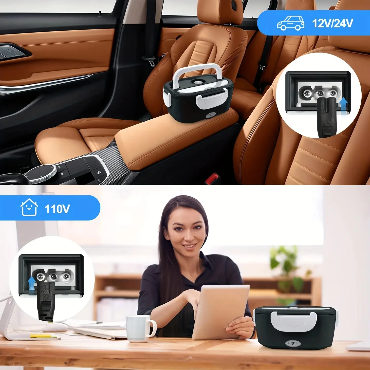 صندوق غداء كهربي: سخان طعام محمول 12 فولت/24 فولت/110 فولت مع حاوية من الفولاذ المقاوم للصدأ مانعة للتسرب سعة 1.5 لتر وحقيبة معزولة للسيارة/المنزل