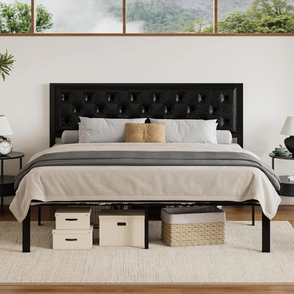 

SHA CERLIN King Size Metal Platform Bed Frame with Faux Leather Upholstered Button Tufted Headboard, Mattress Foundation with 12