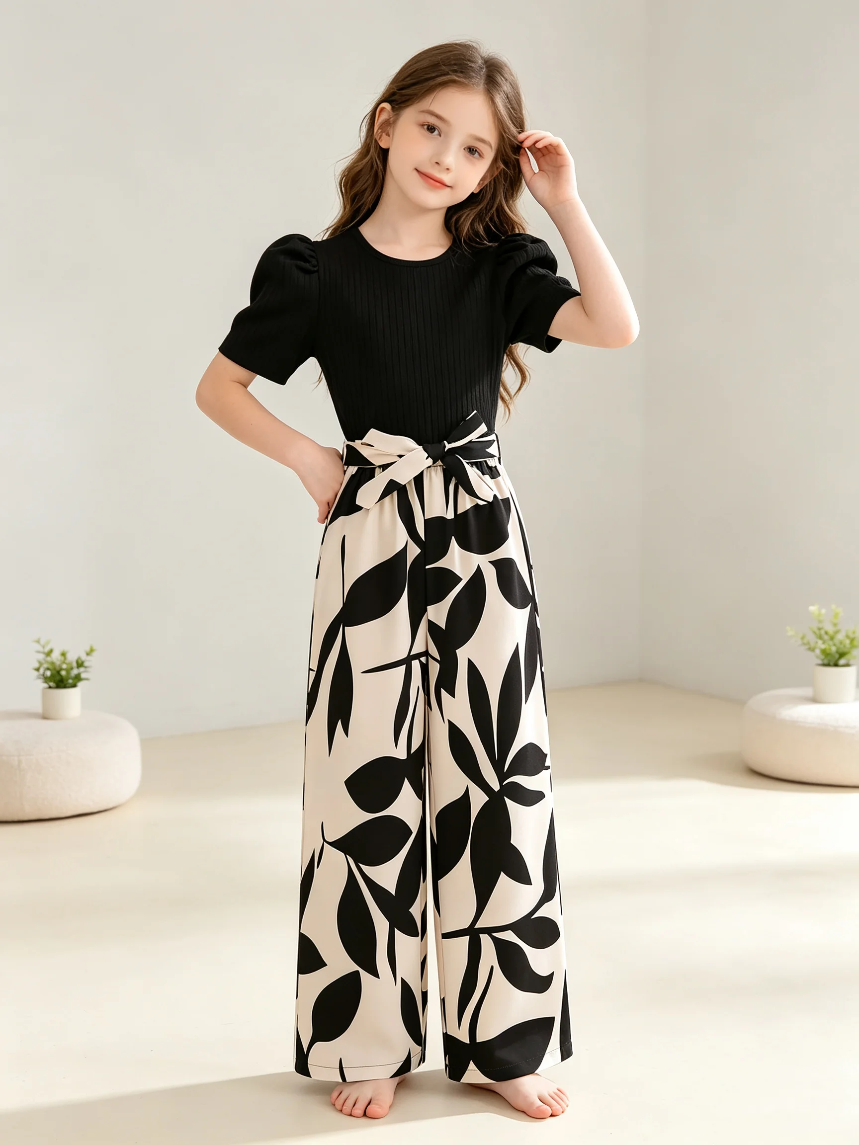 Girls Solid Color Bow Waist Tied Top And Wide Leg Pants Set Summer Vacation Outdoor Wear Comfortable Loose Fit Outfit for Kids