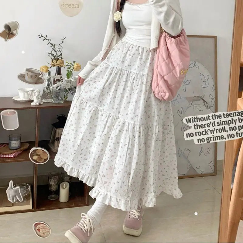 Japan Style Sweet Floral Skirts Women 2025 New High Waist Spliced Ruffle A-line Cake Long Skirt Kawaii Beach Faldas Ins