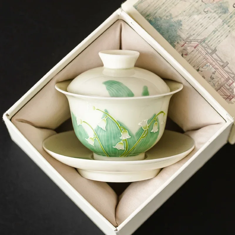 Hand-Painted Heap Carving Lily Sancai Gaiwan Tea Cup Kung Fu Bowl Making Chinese Simple Set Gift Box