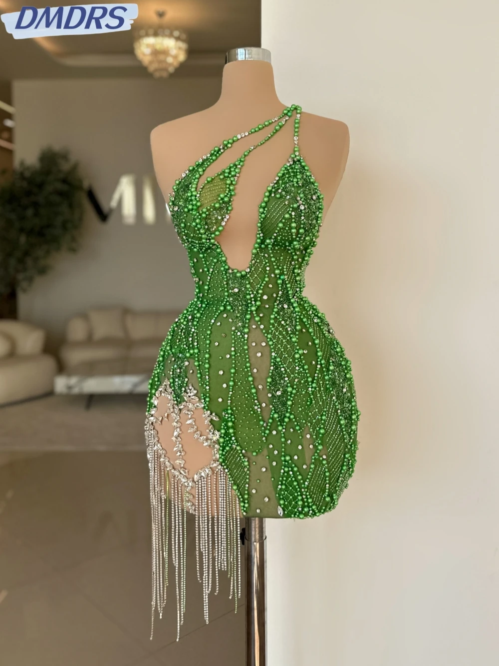 

Sexy One Shoulder MIni Prom Gown Hand-sewn Pearls Beads Cocktail Dresses Glitter Green Sheath Evening Dress Robe De Mariée