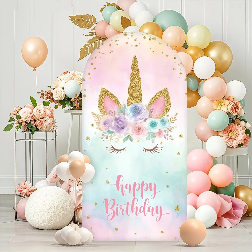 

Двусторонний фон на заказ с цветами и единорогами для детского дня рождения, украшенный цветами, радугой и золотыми звездами, арочный декор