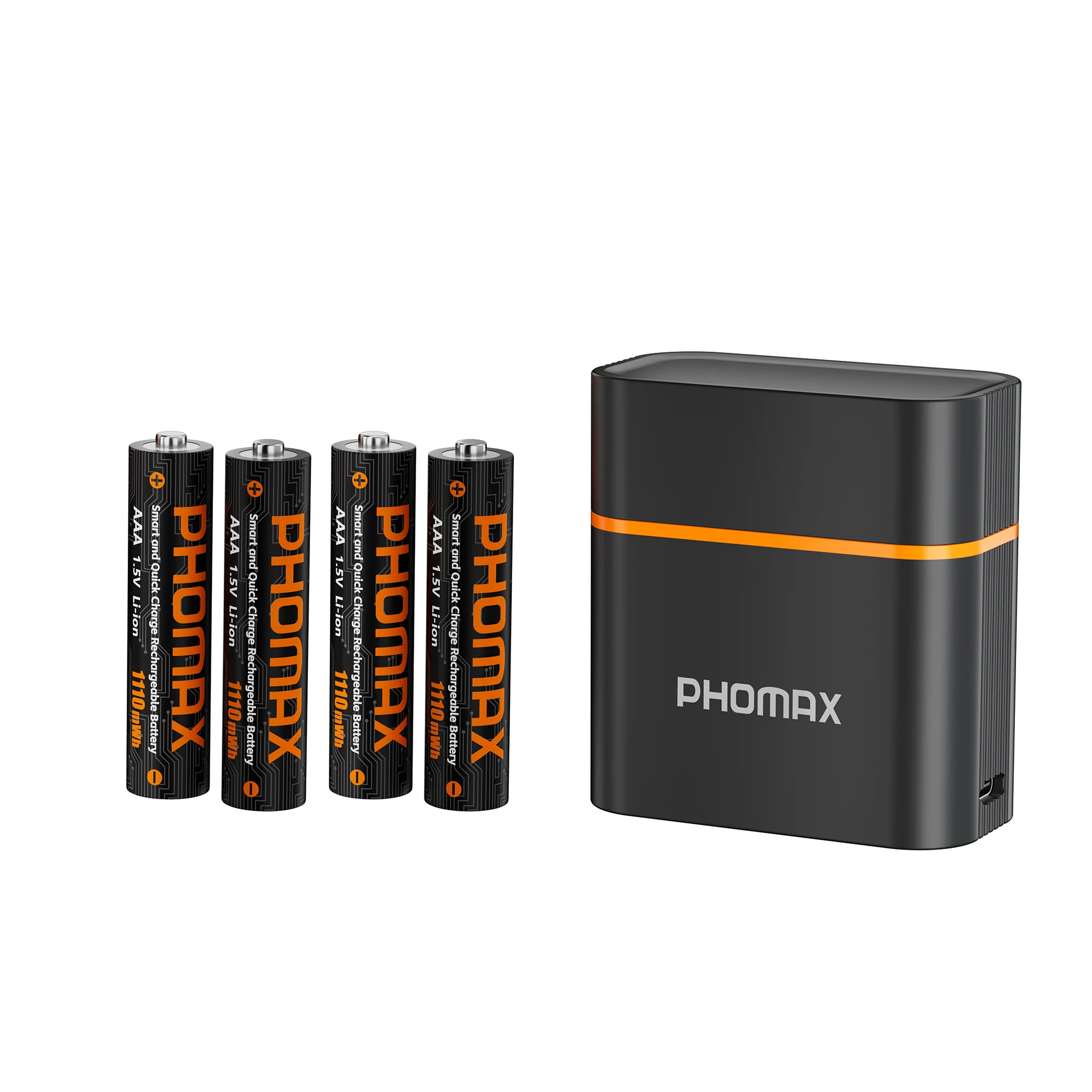 PHOMAX Hochwertige 4 Stück AA wiederaufladbare zylindrische Lithium-Ionen-Batterien mit intelligenter LED-Anzeige, professionelles Batterieladegerät