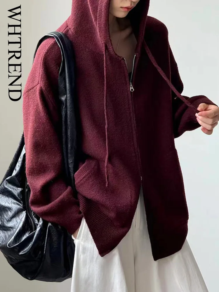 WHTREND خريف شتاء جديد الكورية نمط فضفاض تنوعا مقنعين سستة جيب الأغنام الصوف محبوك سترة معطف WH2039 #1