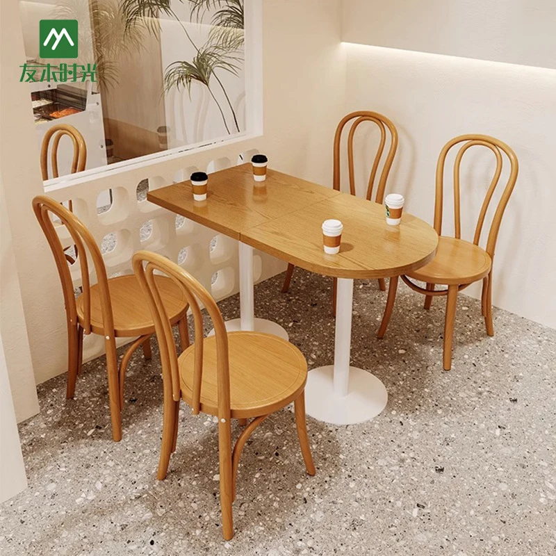 Restaurant Booth SetNatural Style Coffee Shop Chair Set, Popular Dining Table Milk Tea , Snack And Bakery Shops, Solid Wood