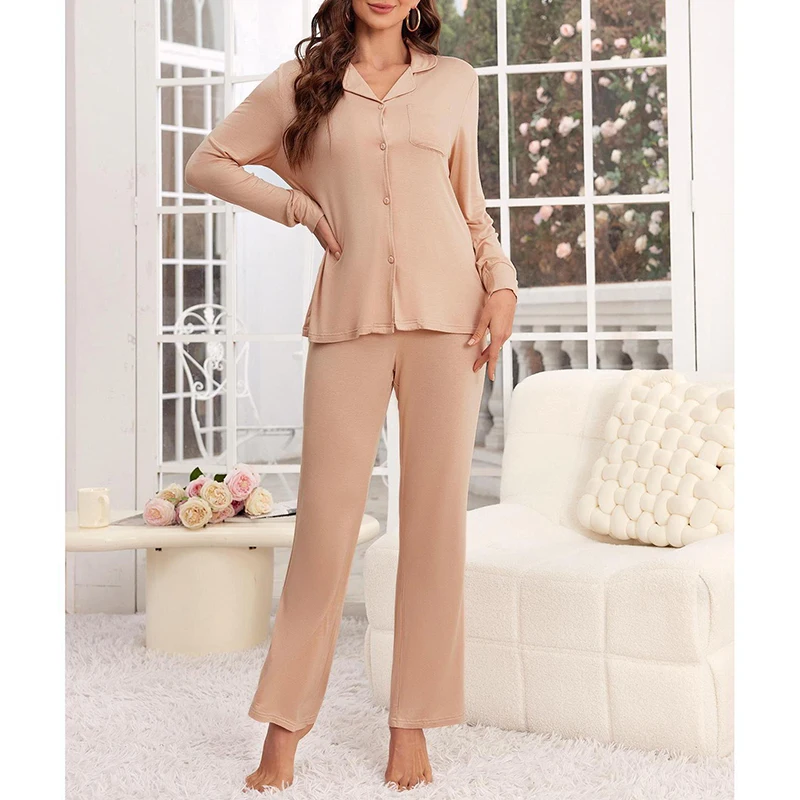 Autumn Modal Long-sleeved Tops&Long Pants Trousers Sets 2Pcs Women\'s Pajamas Sleepwear Nightwear Solid Home Clothes Cardigan