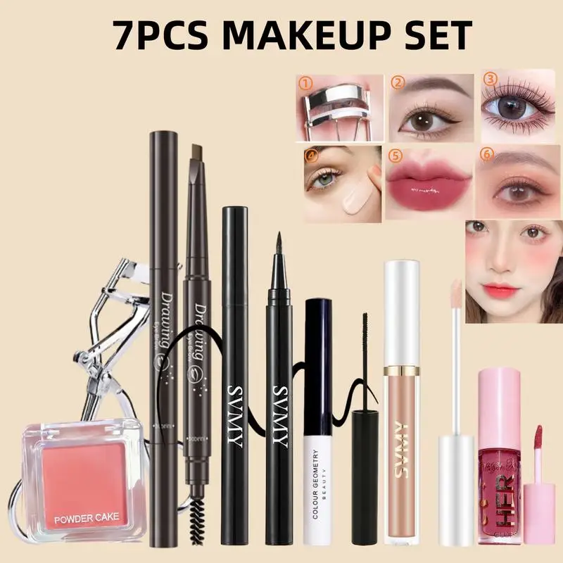 7 PCS Makeup Full Set Include Blush Concealer Eyebrow Pencil Eye Liner Mascara Lip Gloss Eyelash Curler Korean Women Cosmetics