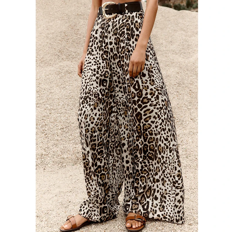 YENKYE خمر مع حزام عالية الخصر بنطال ذو قصة أرجل واسعة ليوبارد طباعة الساتان عادية المرأة بنطلونات الصيف فضفاضة