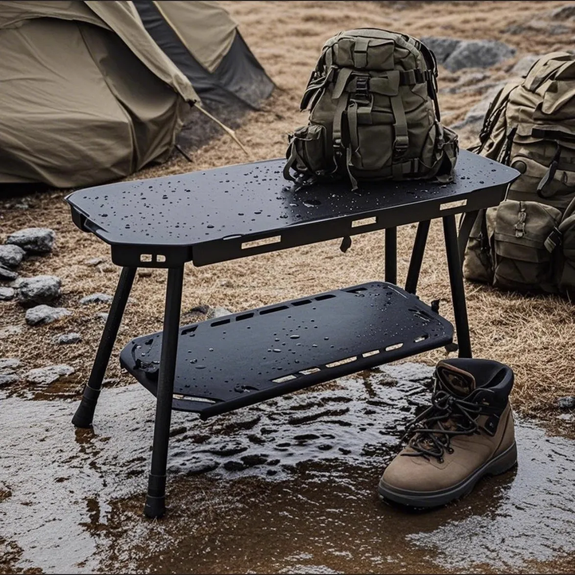 

Outdoor Aluminum Folding Camping IGT Table Multi-functional Portable Shelf Black Tactical Desk