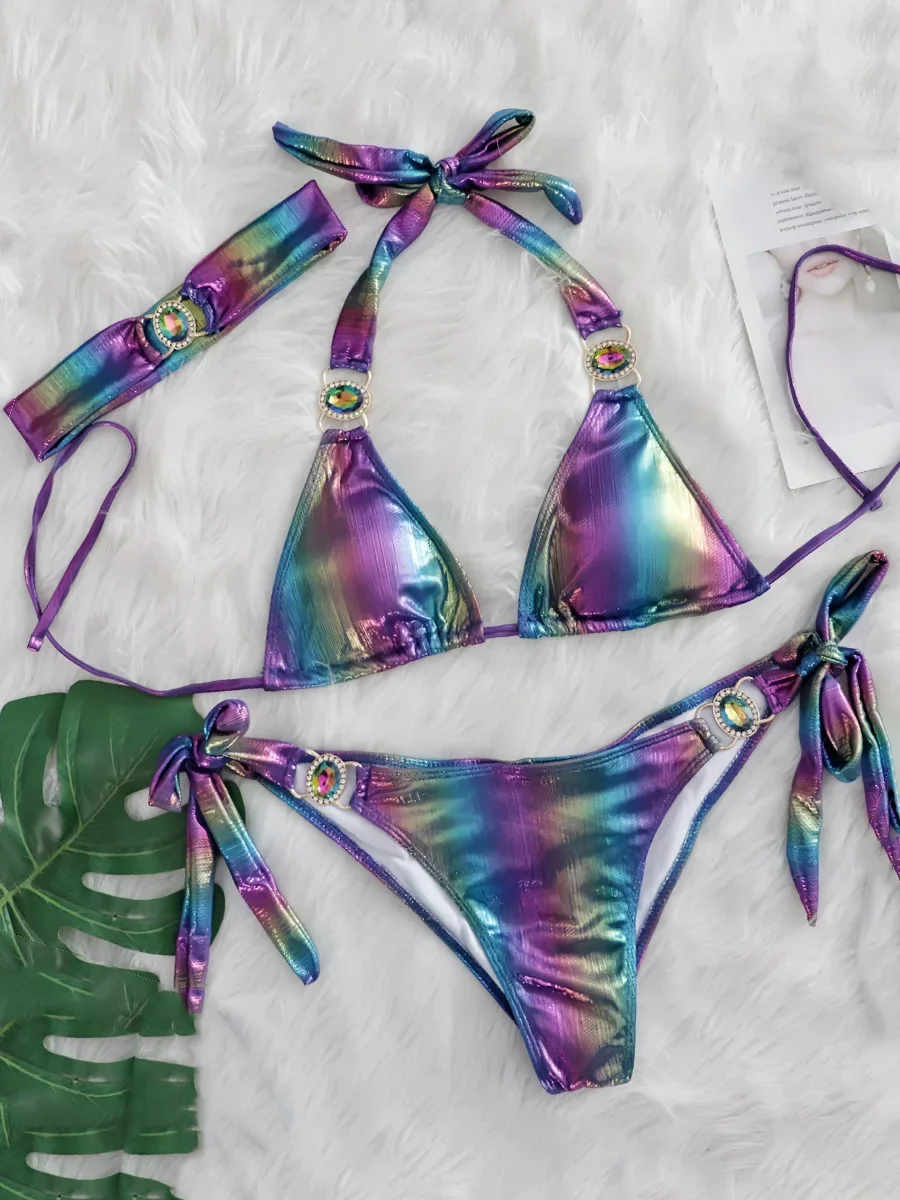 Halter Gradient Rhintstones Diamond Bikini Women Swimsuit Female Swimwear Three Pieces Bikini Set Brazilian Bathing Suit Swim