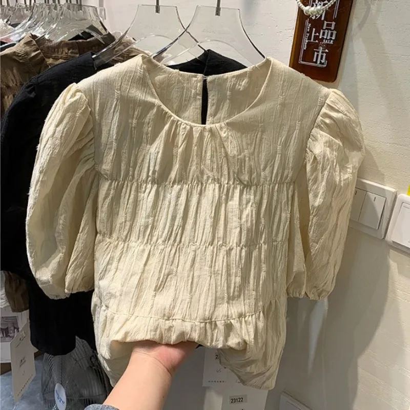 Korean Sweet Puff Sleeve Doll Shirts 2024 Summer New Commute Women\'s Patchwork Pleated Solid Loose Round Neck Pullover Blouses