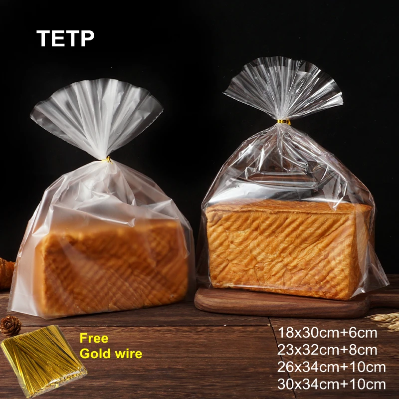 TETP 100Pcs Clear/Matte Top Open Plastic Bag Party Gift Bread Snack Packaigng With Gold Wire Stand Up Bags Toast Doll Storage