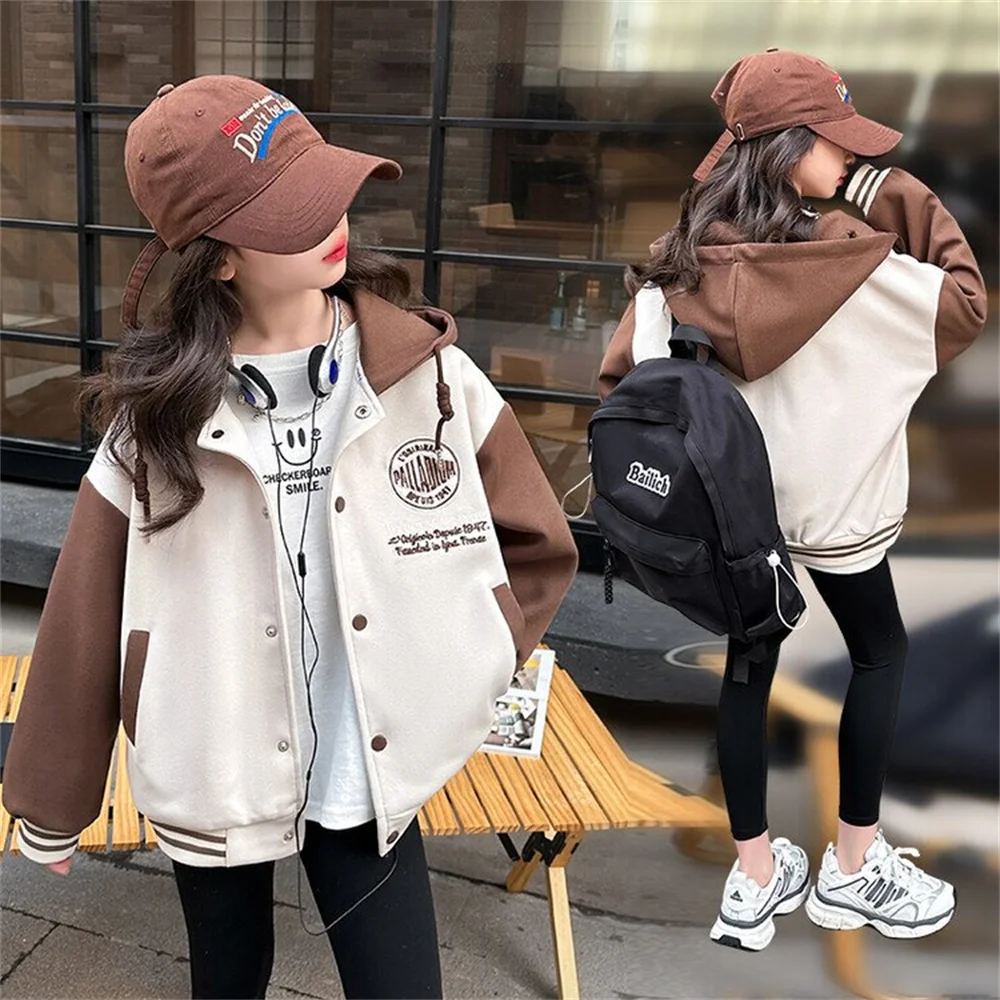 

8205 Spring Korean Girl's Jacket Coat Version Of Casual Baseball Jersey For Big Girl's Hooded Hoodie Jacket