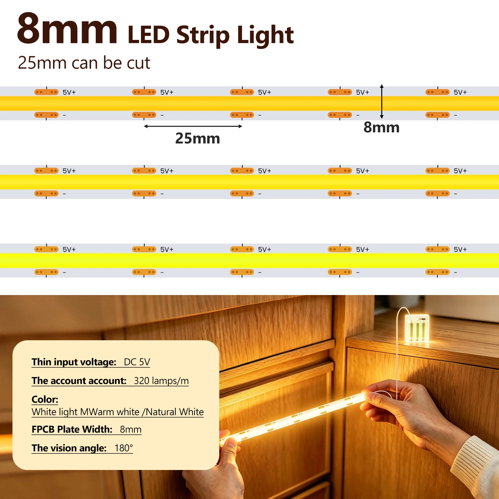 5V COB LED Strip Light for Home Decor 8MM 320Leds/m High Density Flexible LED Tape Ribbon White/Warm/Natural White TV Backlight