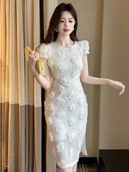 New Summer Fashion Knitted Floral Evening Dress Women Clothes Elegant Sexy Hollow Short Sleeve Skinny Party Prom Vestidos Fiesta