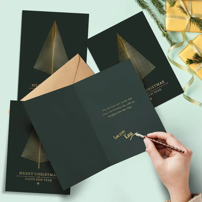 400 Gold Foil Christmas Greeting Cards with Envelopes | Dark Green Col & Embossing on Christmas Tree | 5.5 x 4 Inch Merry Christ