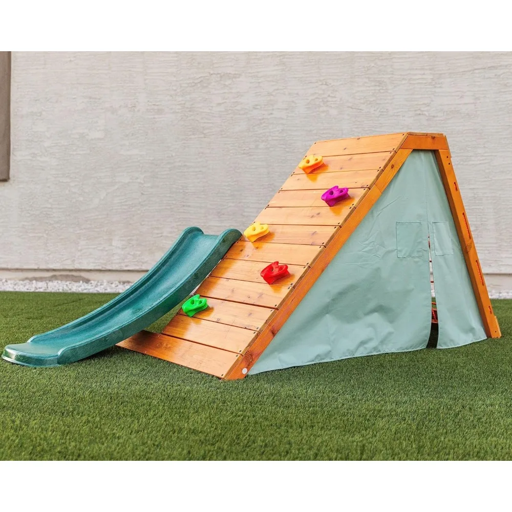 

Outdoor and Indoor Playground 5 in 1 Backyard Playset with Ladder, Rock Wall, 4 ft. Slide, Tent Fort, Play Set Climber Playhouse